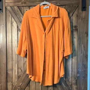 Sun Peony Coconut Orange Terry Oversized Button-Up Shirt